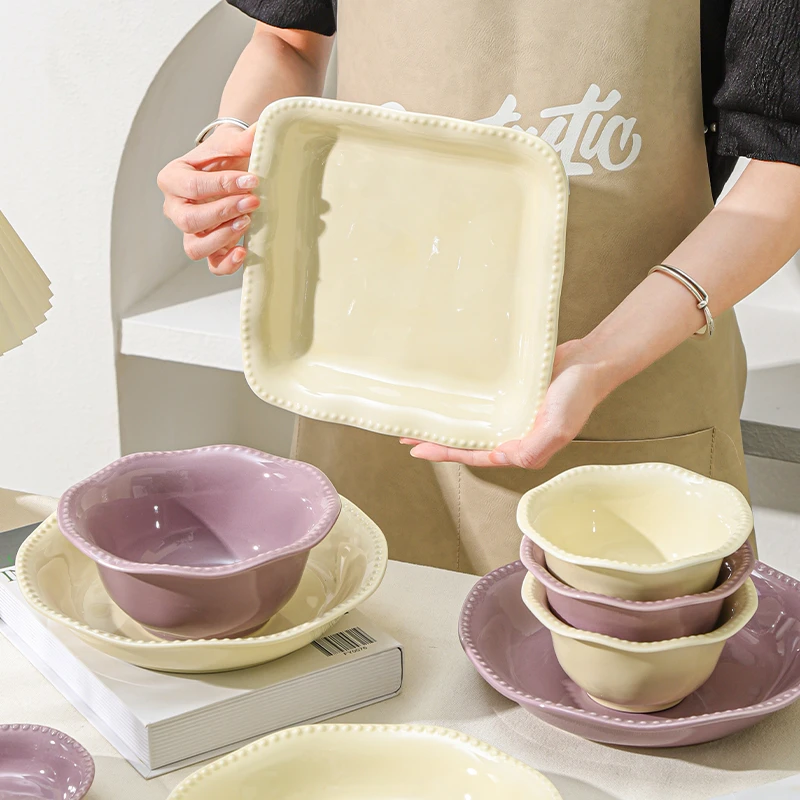 【法式珠点】8寸珠点方盘釉下彩简约风陶瓷盘高颜值家用菜碟子餐盘