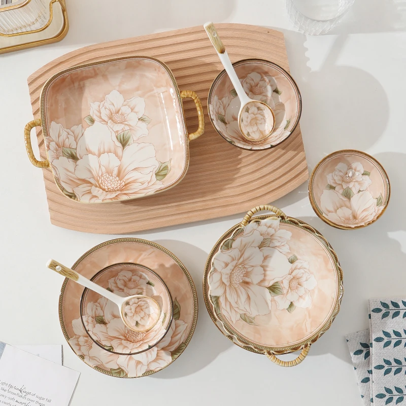 【省钱风山茶花10件套】轻奢陶瓷釉下彩高级感餐具复古盘子碟子家用