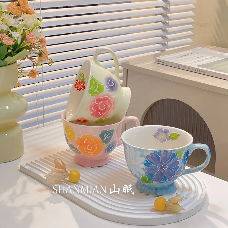 花前月下复古浮雕轻奢陶瓷杯家用手绘早餐牛奶咖啡花茶杯