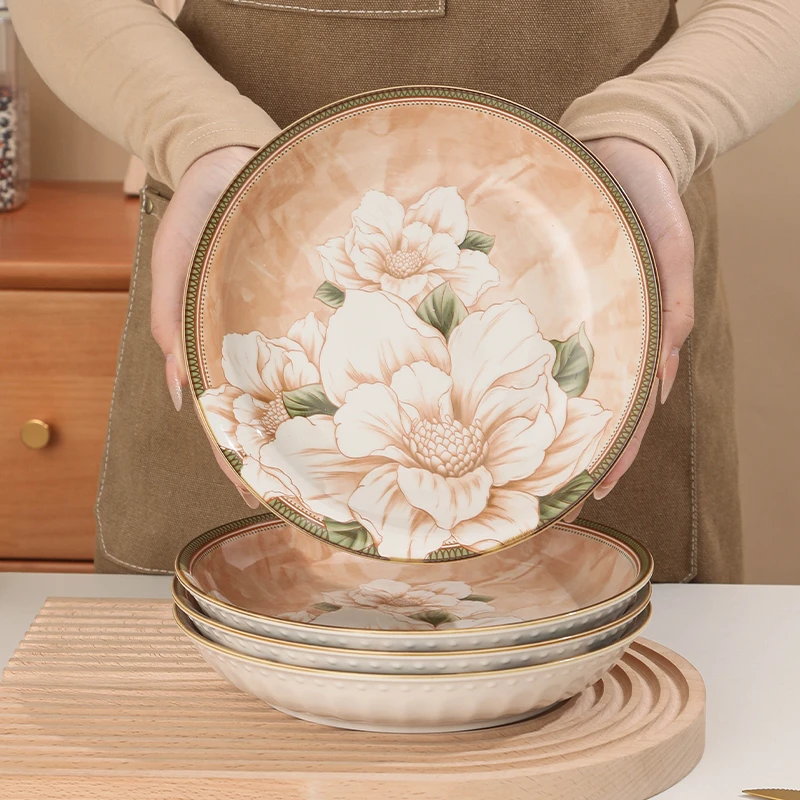 【山茶花8寸盘6个装】陶瓷釉下彩餐具圆盘家用高级防烫简约陶瓷实用