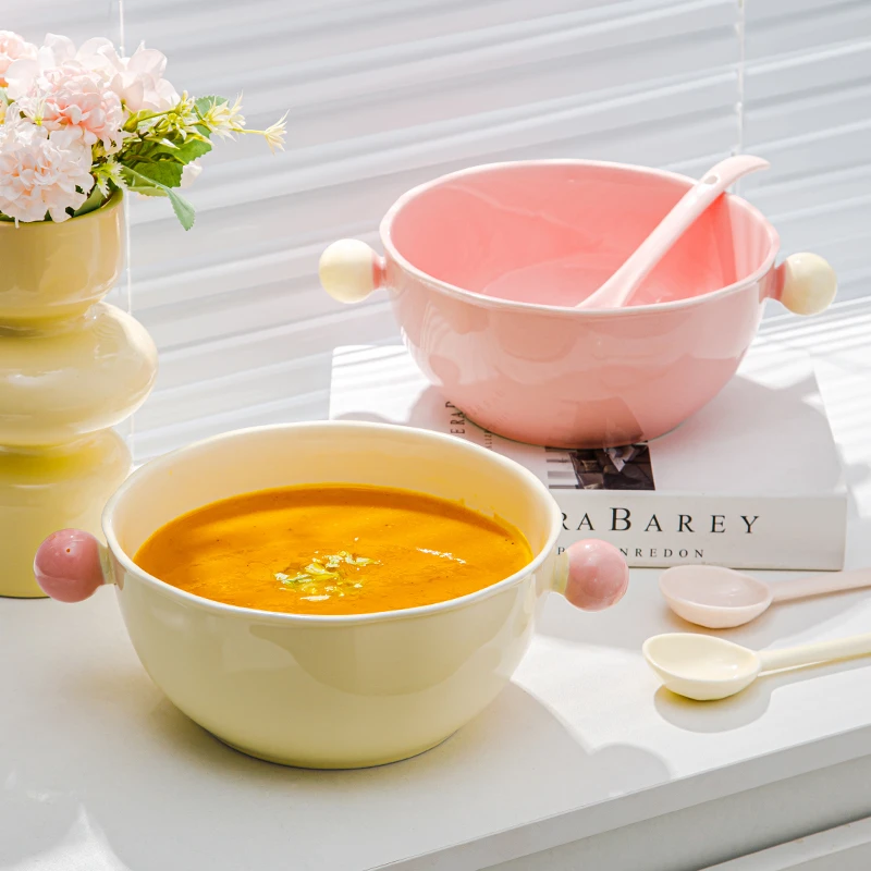 【色釉球形碗】8寸陶瓷汤碗可爱创意大容量沙拉碗双耳餐碗汤碗