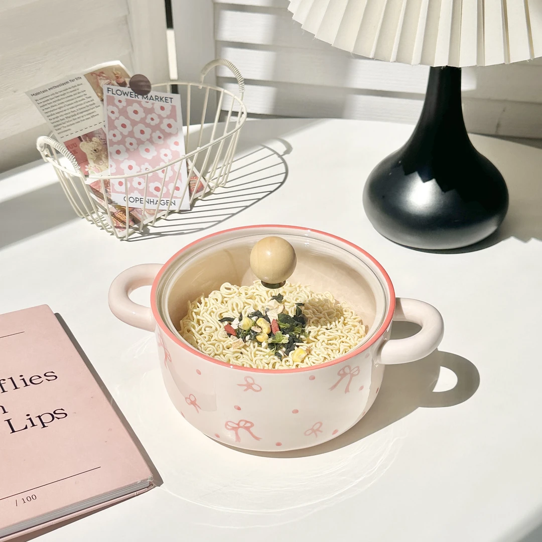 【雅致蝴蝶结】8英寸双耳泡面碗陶瓷釉下彩工艺可爱家用创意餐具