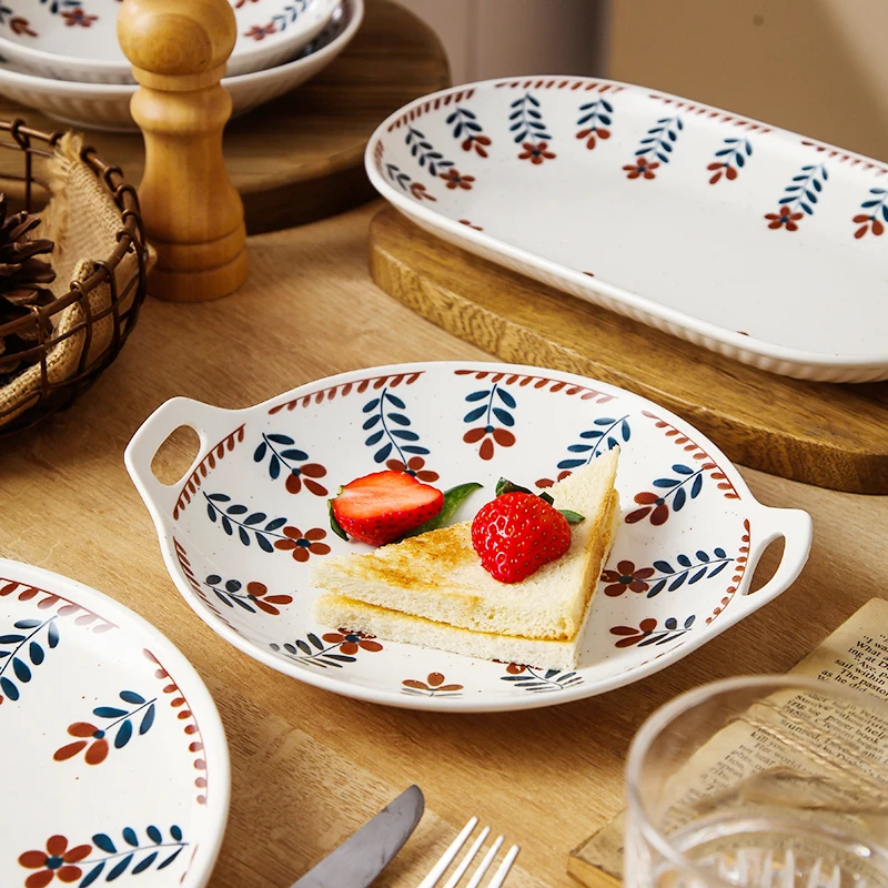 【芝麻釉复古小花】9.2寸双耳圆盘两个装陶瓷釉下彩复古轻奢圆盘