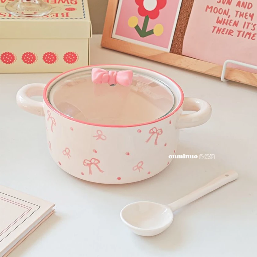 【可爱蝴蝶结】8英寸粉色蝴蝶结双耳泡面碗陶瓷釉下彩可爱创意餐具