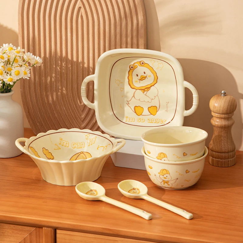 【可爱鸭】可爱小黄鸭6件套家用釉下彩陶瓷餐具ins卡通少女心学生