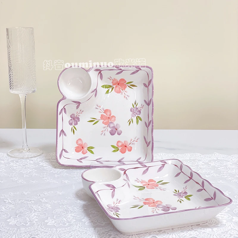 【万紫千红】7.5寸饺子盘2个装耐高温陶瓷釉下彩餐具网红饭碗少女心