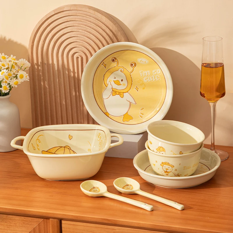 【省钱风可爱鸭】卡通萌趣小黄鸭7件套釉下彩陶瓷餐具少女心学生