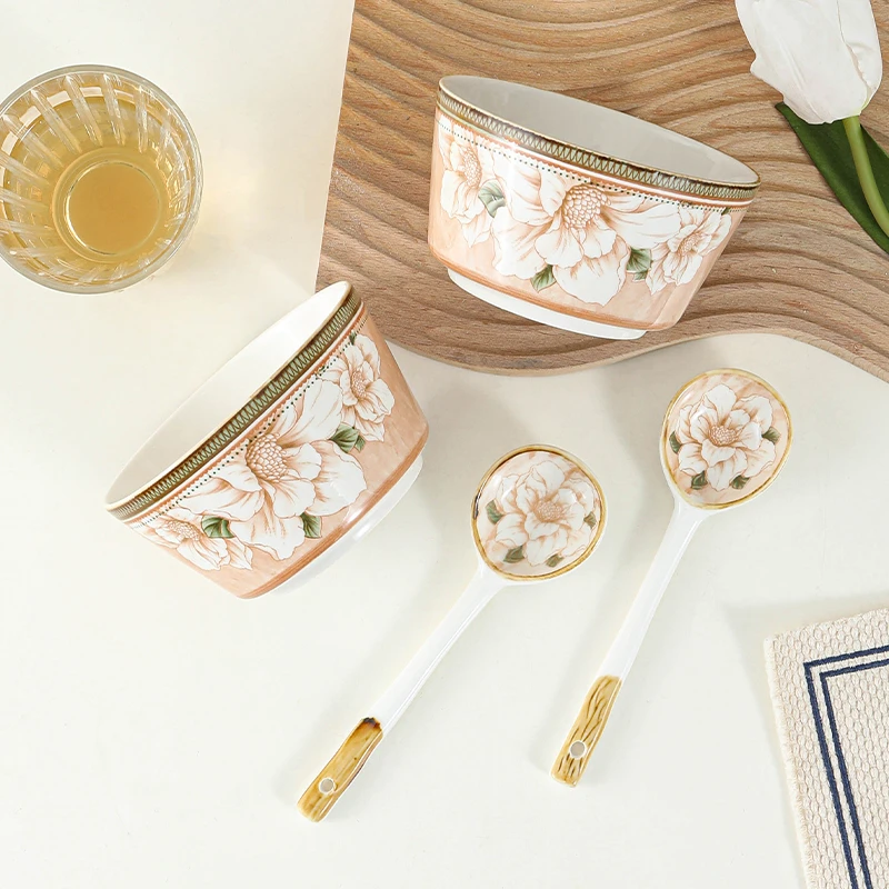 【山茶花2碗2勺】碗勺套装4.5英寸碗陶瓷釉下彩高颜值