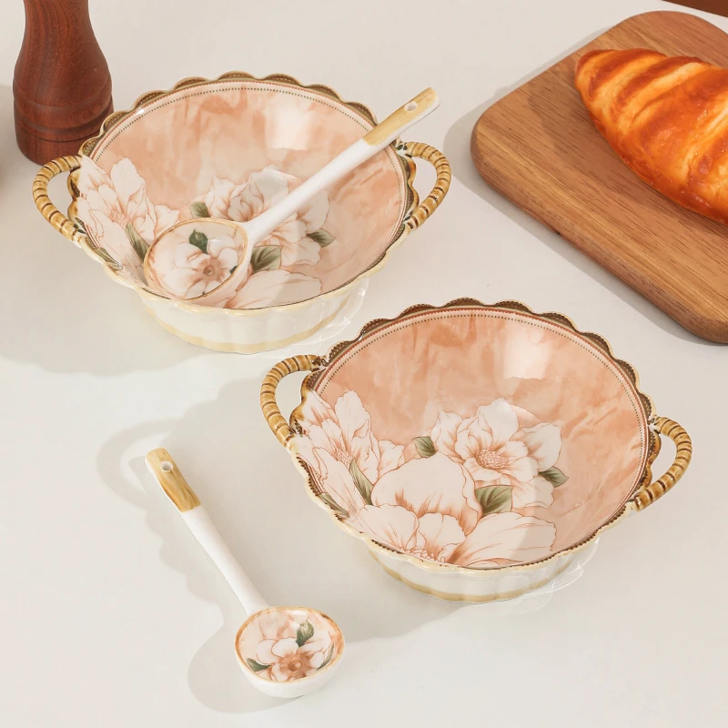 【山茶花】复古轻奢7.5英寸双耳碗勺陶瓷家用釉下彩高颜值精致