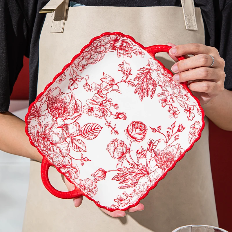 【玫瑰假日】简约典雅双耳9.25英寸方盘大气餐盘陶瓷家用防烫