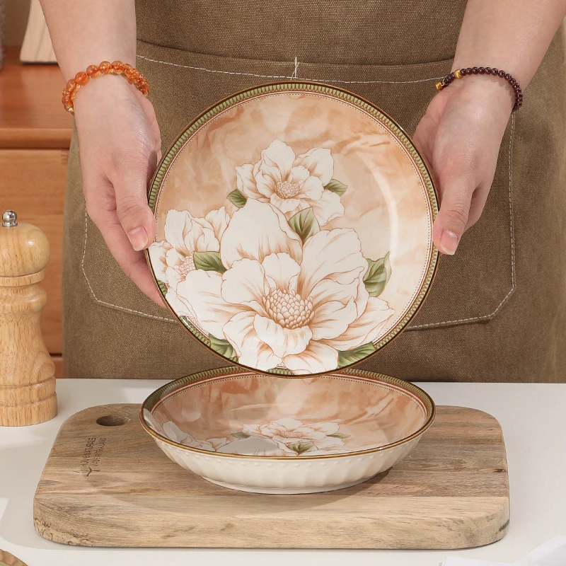 【山茶花7寸盘】复古轻奢餐具圆盘家用高级防烫简约陶瓷釉下彩网红