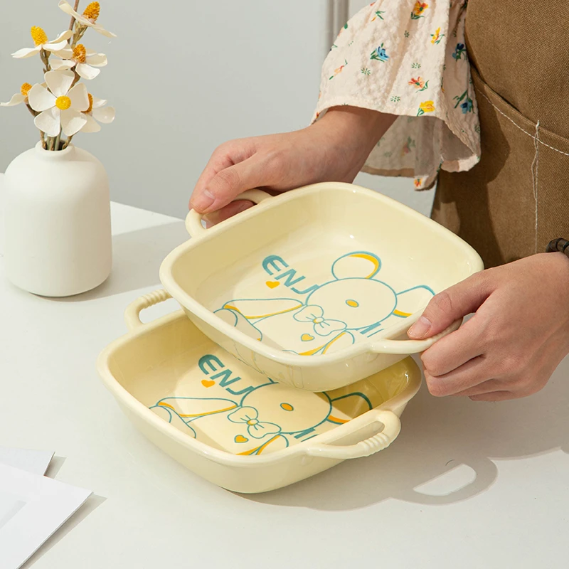 【酷酷熊T】简约轻奢高颜值风家用双耳大烤盘陶瓷餐具组合釉下彩