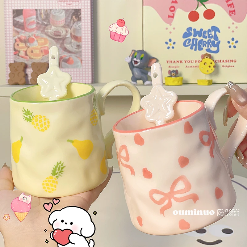 【精致手捏杯】陶瓷杯加勺子超好看马卡龙配色马克杯可爱少女心