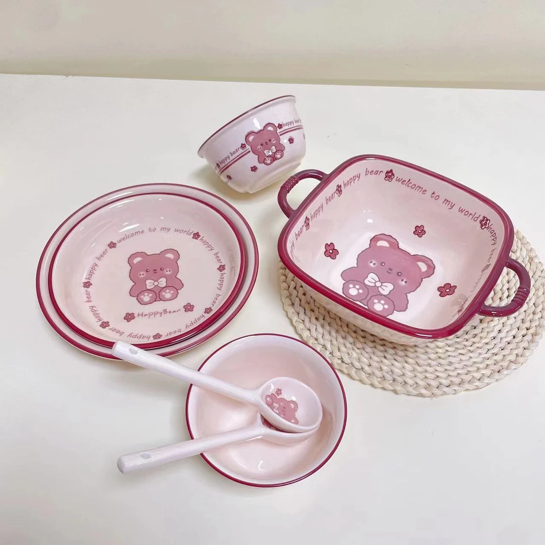 【呆萌熊】卡通萌趣小熊7件套釉下彩陶瓷碗盘勺餐具少女心学生ins风