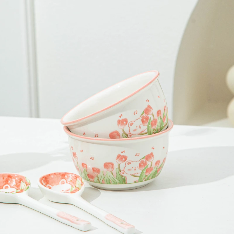 【花中熊2碗2勺】粉嫩可爱小熊陶瓷ins风釉下彩米饭碗简约扭扭勺