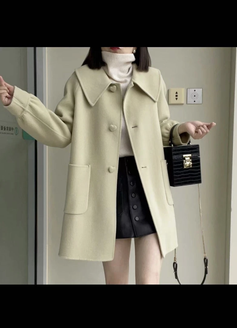 爱心扣新品高档气质小个子中长款翻领双面羊毛大衣百搭呢羊毛大衣
