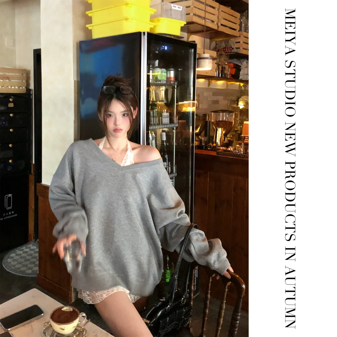 WSMY卫衣长袖时尚休闲宽松纯欲风韩版设计感V领秋1冬百搭上衣显瘦