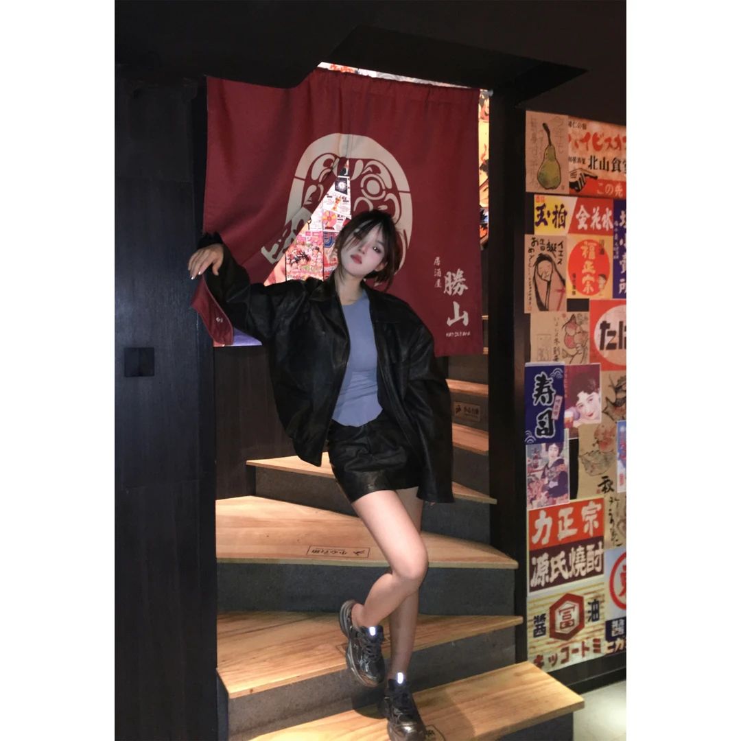 WSMY显瘦黑色韩版炸街秋季设计感宽松复古外套皮衣长袖秋冬