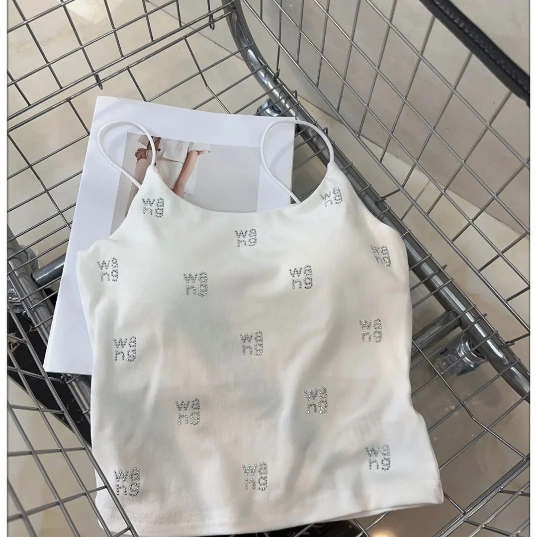 性感细肩带吊带背心夏季女镶烫钻设计感带胸垫美背纯色外穿内搭潮