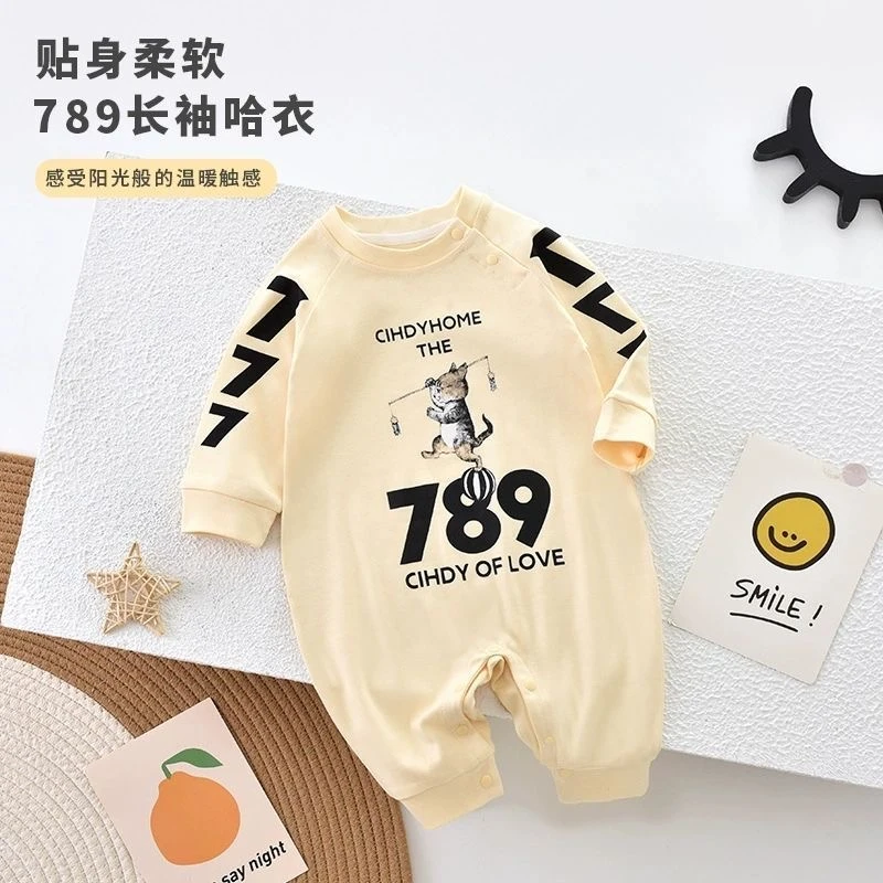 洋气婴儿连体春秋款纯棉宝宝长爬哈衣春天秋天卡通猫个性装衣服