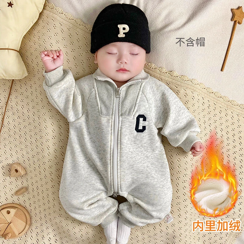 婴儿连体衣服秋冬装新生儿宝宝加绒保暖超萌帅气冬季满月外出哈衣