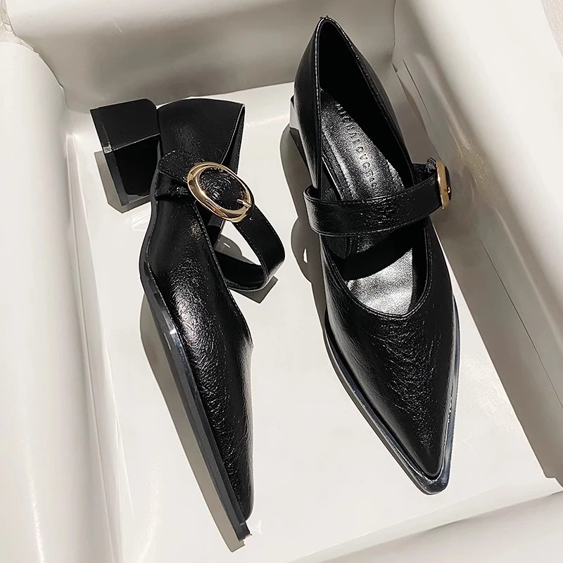 远森 法式复古软皮一字带黑色玛丽珍鞋女粗跟百搭尖头单鞋秋新款