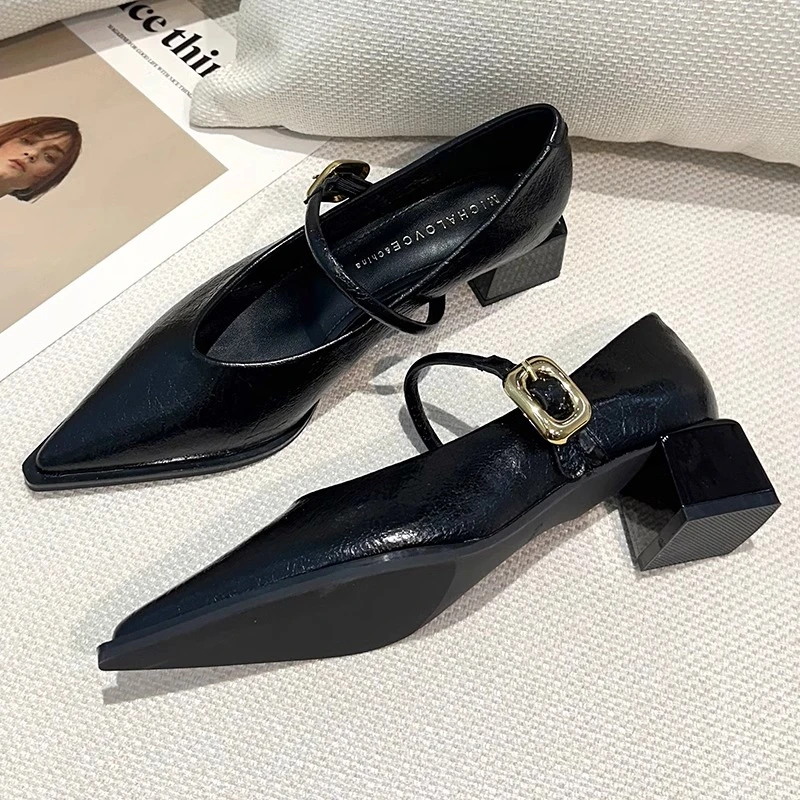 远森 尖头黑色高跟鞋女粗跟2025年夏季新款法式浅口玛丽珍单鞋