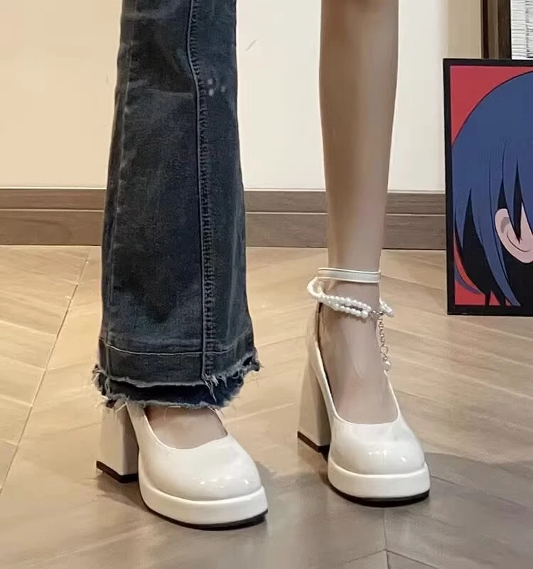 远森 法式浅口珍珠仙女风玛丽珍鞋子2025春秋季粗跟一字扣高跟鞋