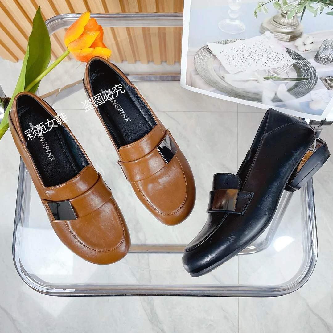 【朵苮品牌】真软皮乐福鞋粗跟圆头单鞋女英伦风软底软面百搭小皮鞋