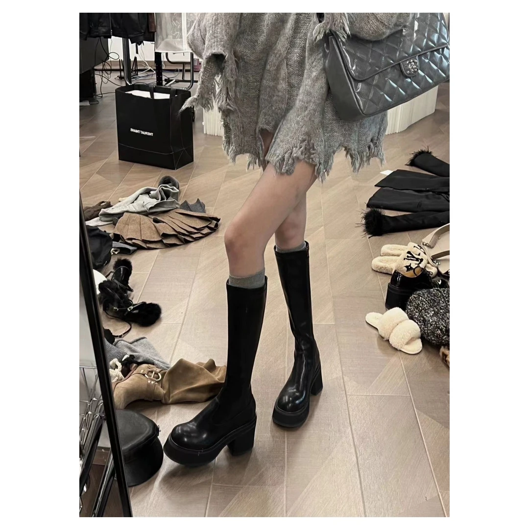 睿夕【主播自留款】 小个子福音九公分黑色骑士长筒靴厚底靴子女