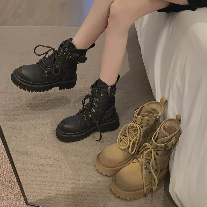 秋季短靴女款新款小个子厚底侧拉链短靴978(不加绒)