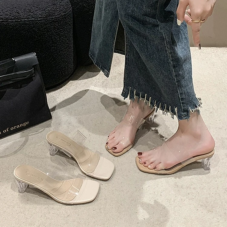 女夏季外穿新款超火水晶跟性感透明一字带高跟拖鞋8561-1