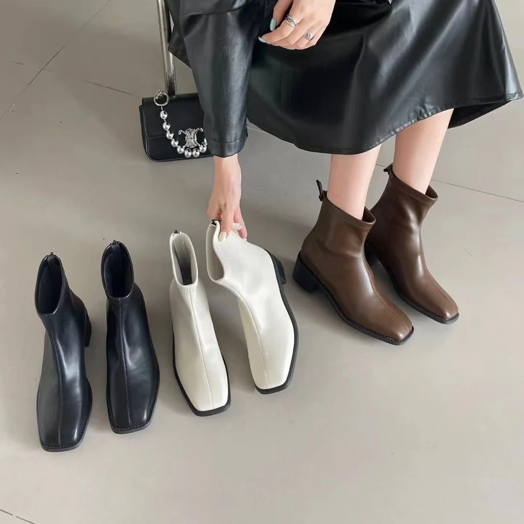 复古方头粗跟新款超火法式后拉链短靴72-3059(不加绒)