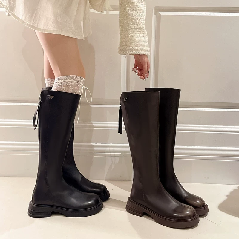 时尚百搭秋冬新款瘦瘦粗跟圆头不过膝骑士长靴293-72(加薄绒)