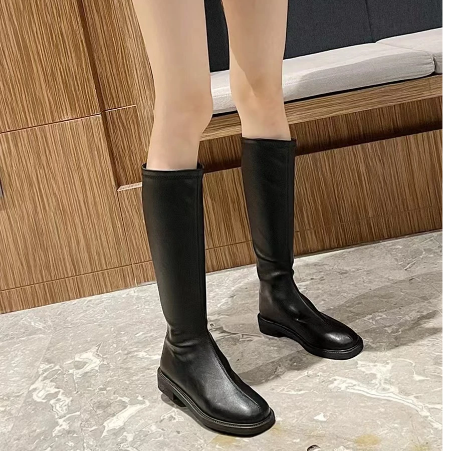 秋冬新款韩版通勤瘦瘦简约粗跟裸靴长靴818-1(不加绒)