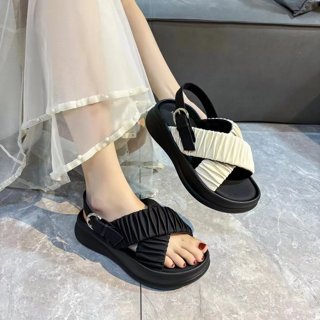 小个子厚底交叉夏款松糕露趾休闲一字扣褶皱凉鞋980-8