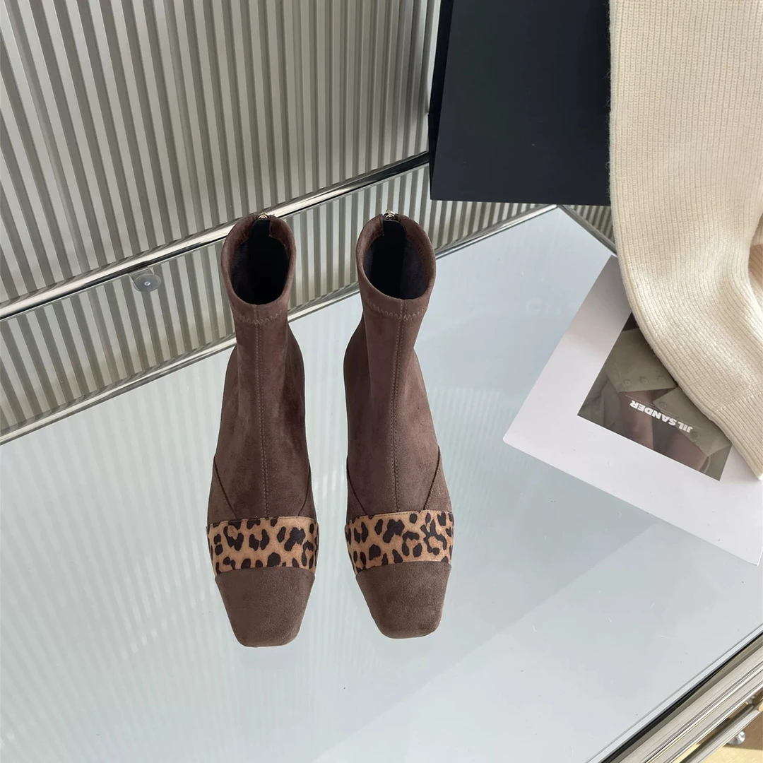 复古方头秋冬拼接时尚韩版百搭平底瘦瘦短靴9529(加绒)