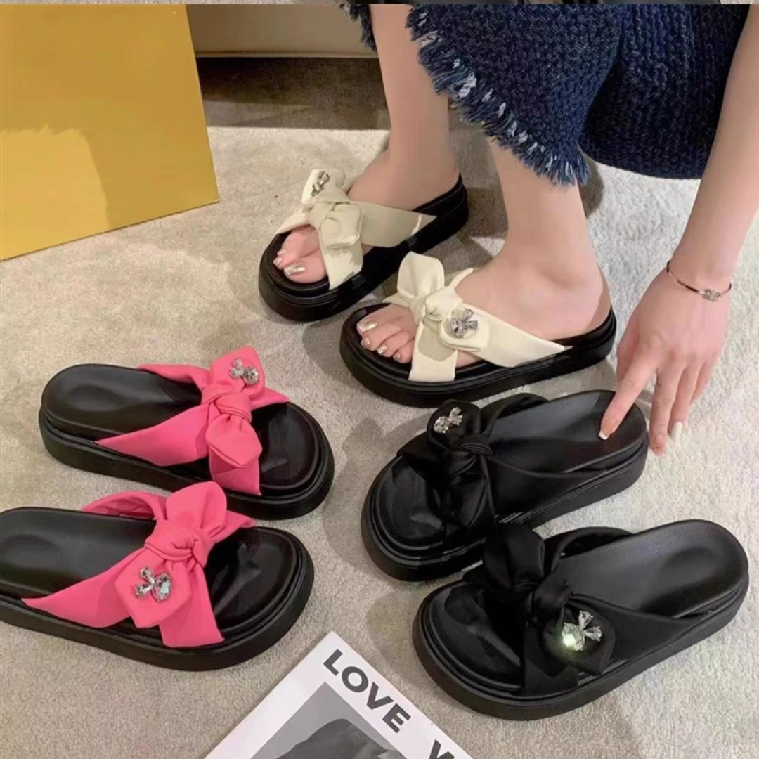 法式款网红时尚百搭松糕厚底蝴蝶交叉凉拖鞋8889