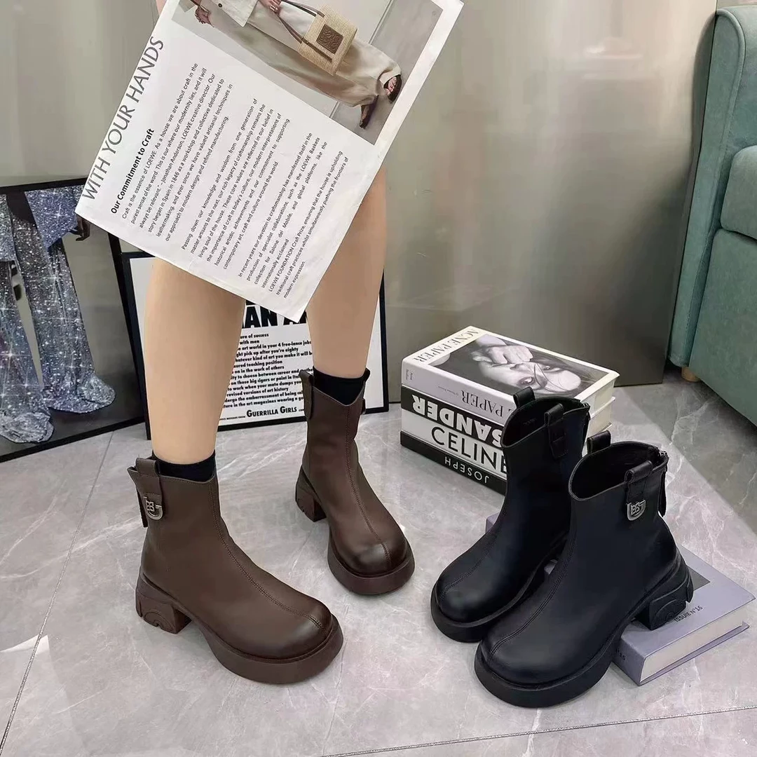 秋冬新款粗跟马丁靴女英伦风短筒瘦瘦短靴5295-1(不加绒)