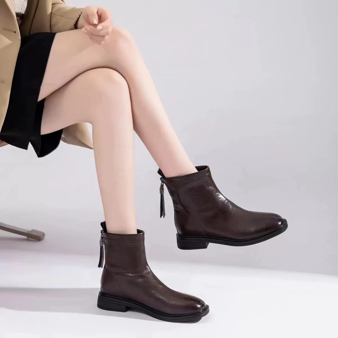 秋冬新款韩版通勤瘦瘦简约粗跟裸靴短靴6619