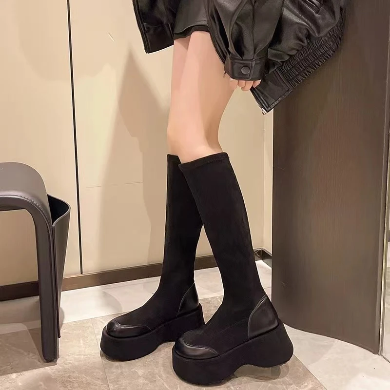 秋冬新款韩版通勤瘦瘦简约粗跟裸靴长靴6-6310(不加绒)