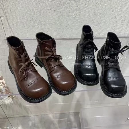 法式粗跟秋冬季新款复古英伦风机车短靴87-206(不加绒)