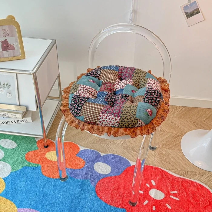 田园风棉麻透气榻榻米花边蒲团垫子圆垫椅子垫复古小碎花凳子蕾丝