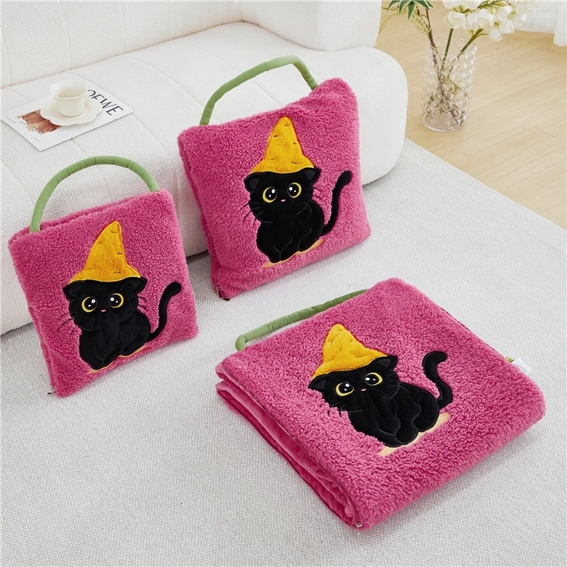 网红手提猫咪抱枕被子两用车载沙发靠枕午睡盖毯办公室午休折叠毯