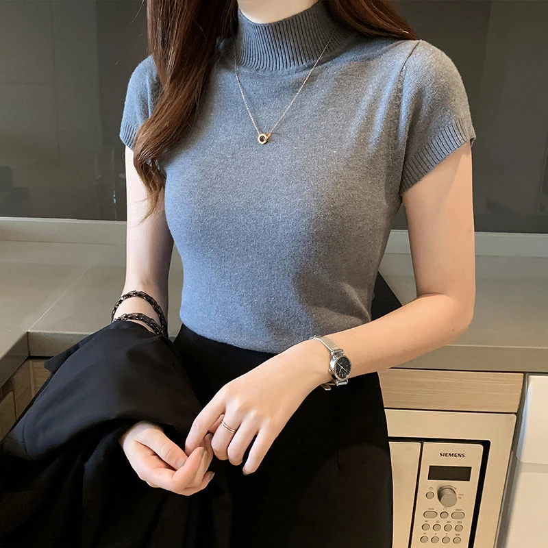 热销】夏款半高领打底衫t恤女薄短半袖针织衫内搭毛衣短款修身上衣