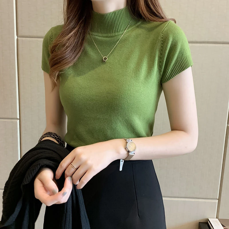 夏季半高领打底衫t恤女薄短半袖针织衫内搭毛衣短款修身上衣显瘦