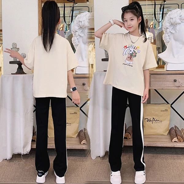 中大童女童夏季短袖T恤2024韩版新款宽松时尚上衣学生薄款两件套