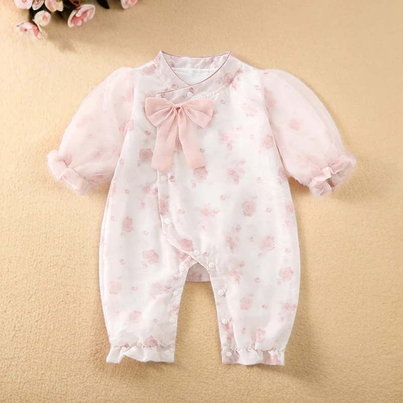 婴儿春装连体衣女宝宝秋季哈衣公主双层新生儿淑女外出服春秋爬服