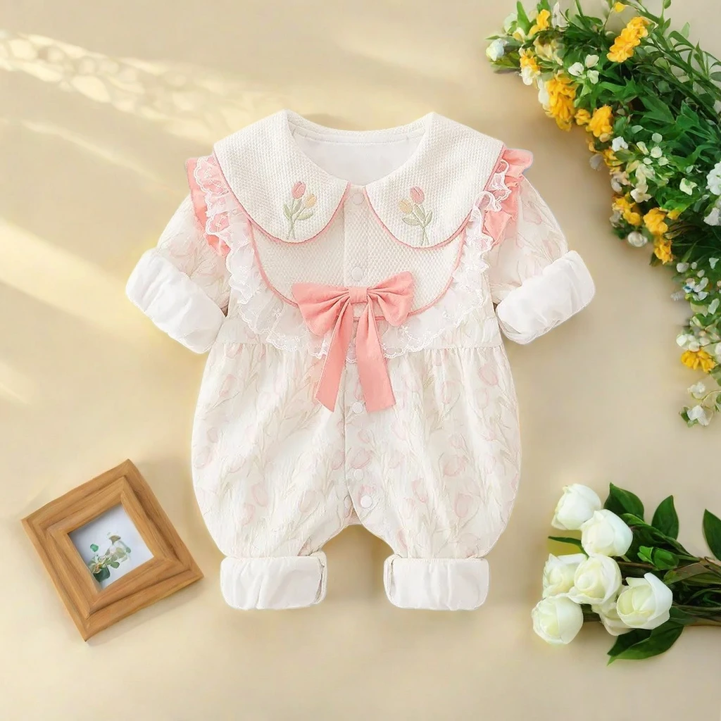 新生儿春季双层水仙花连体衣女宝宝洋气公主哈衣可外出爬服长袖