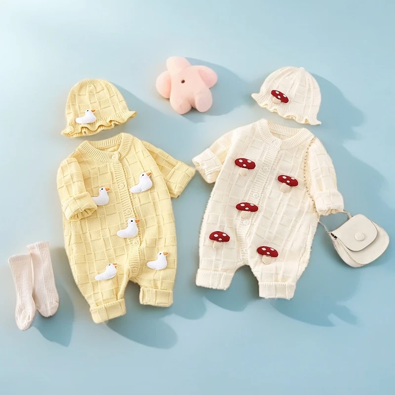 婴儿毛衣春秋单层开衫男女宝宝可爱针织衫带帽子连体衣衣服秋冬